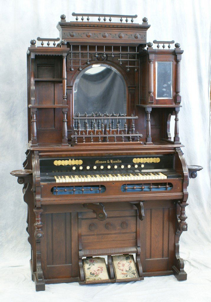 Mason and Hamlin walnut Victorian pump organ in working