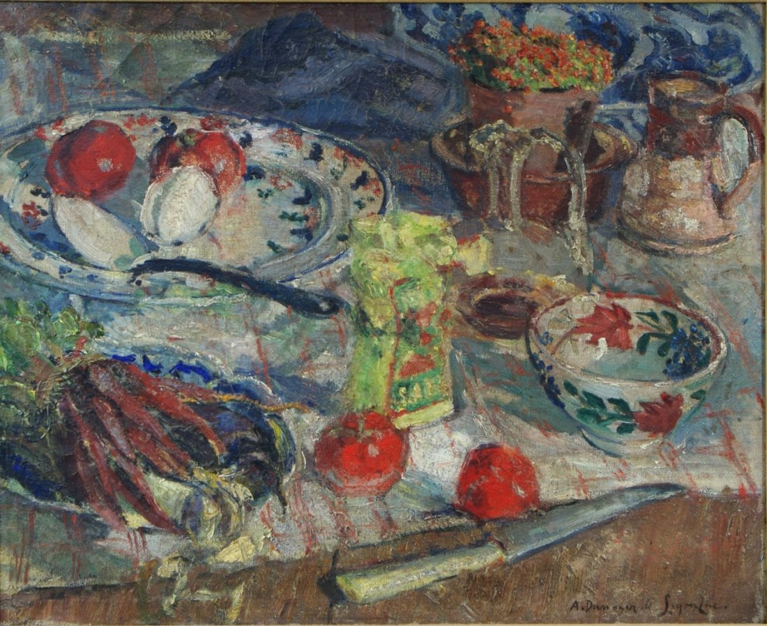 Andre Dunoyer de Segonzack, French, 1884-1974, oil on c: Andre Dunoyer de Segonzack, French, 1884-1974, oil on canvas, stretcher measuring 17” x 24”, contained in a painted molded plaster frame of a later origin, table top still life with fruit, vegetab