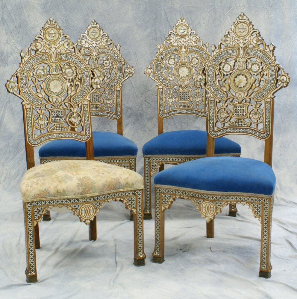 4 MOP and abalone shell inlaid south Asian dining chair: 4 MOP and abalone shell inlaid south Asian dining chairs, extensive geometric inlay, 49" h
