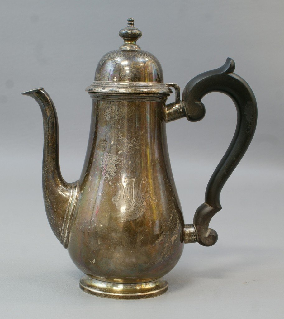 Tiffany & Co Makers, sterling silver teapot: Tiffany & Co Makers, sterling silver Queen Ann style teapot, wood handle, 22604M, 22.25 TO, MAW mono, 8 1/4" tall