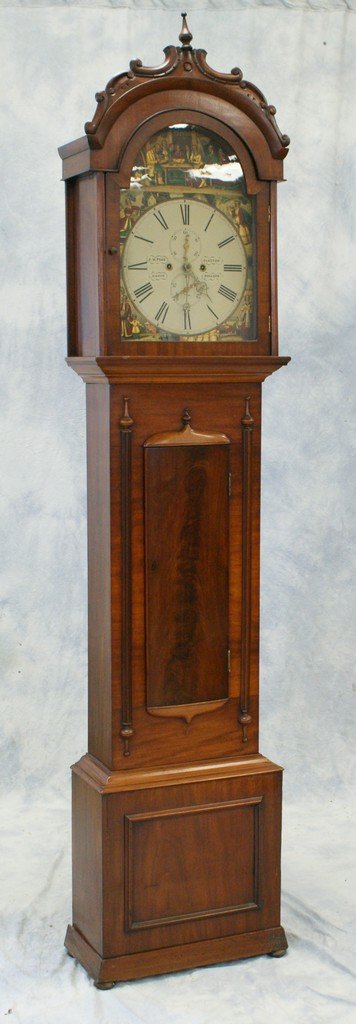 Mahogany Scottish tall clock, by JW Todd, Glasgow: Mahogany Scottish tall clock, 8 day brass movement, painted steel dial marked JW Todd, Glasgow, Gavin Pollack, subsidiary date and seconds dials, 4 Seasons decoration in corners, arch with "Cotter's S