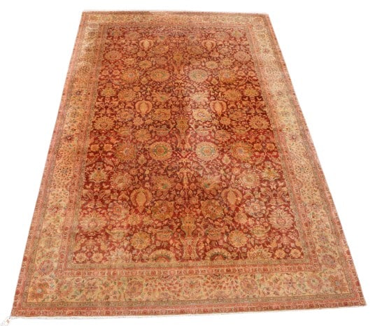 11'11" x 19'1" Persian Qum area rug: 11'11" x 19'1" Persian Qum area rug, sun fading in spots, areas of wear where furniture sat, fair to good condition
