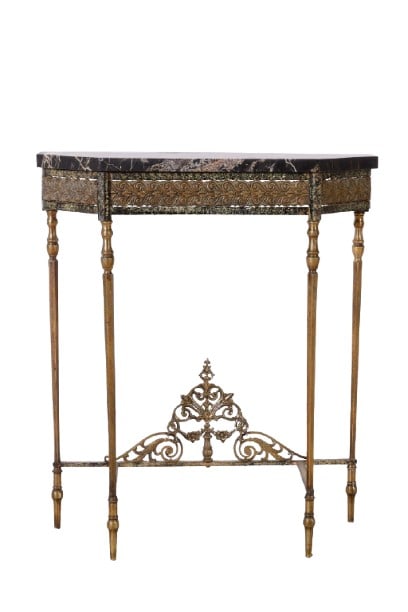 French Brass Marble Topped Cut Corner Console Table: French brass marble topped cut corner console table, on turned and tapered legs into a scrolled stretcher base, 28â€?L x 10â€?D x 31â€?H