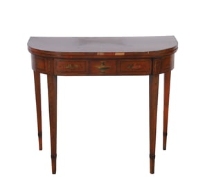 English 19th C painted and inlaid satinwood flip top games table