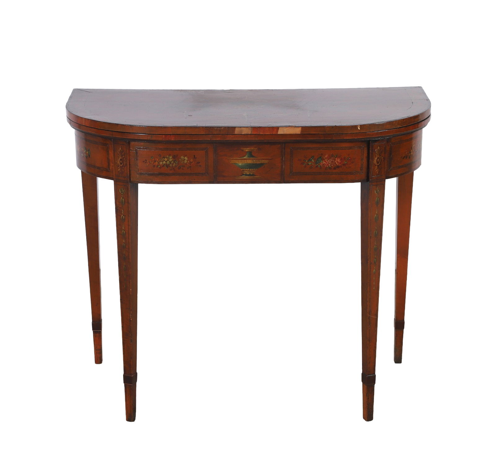 English 19th C painted and inlaid satinwood flip top games table: English 19th C painted and inlaid satinwood flip top games table, losses to veneer, over squared and tapered leg, 36â€?L x 17â€?D x 30â€?H