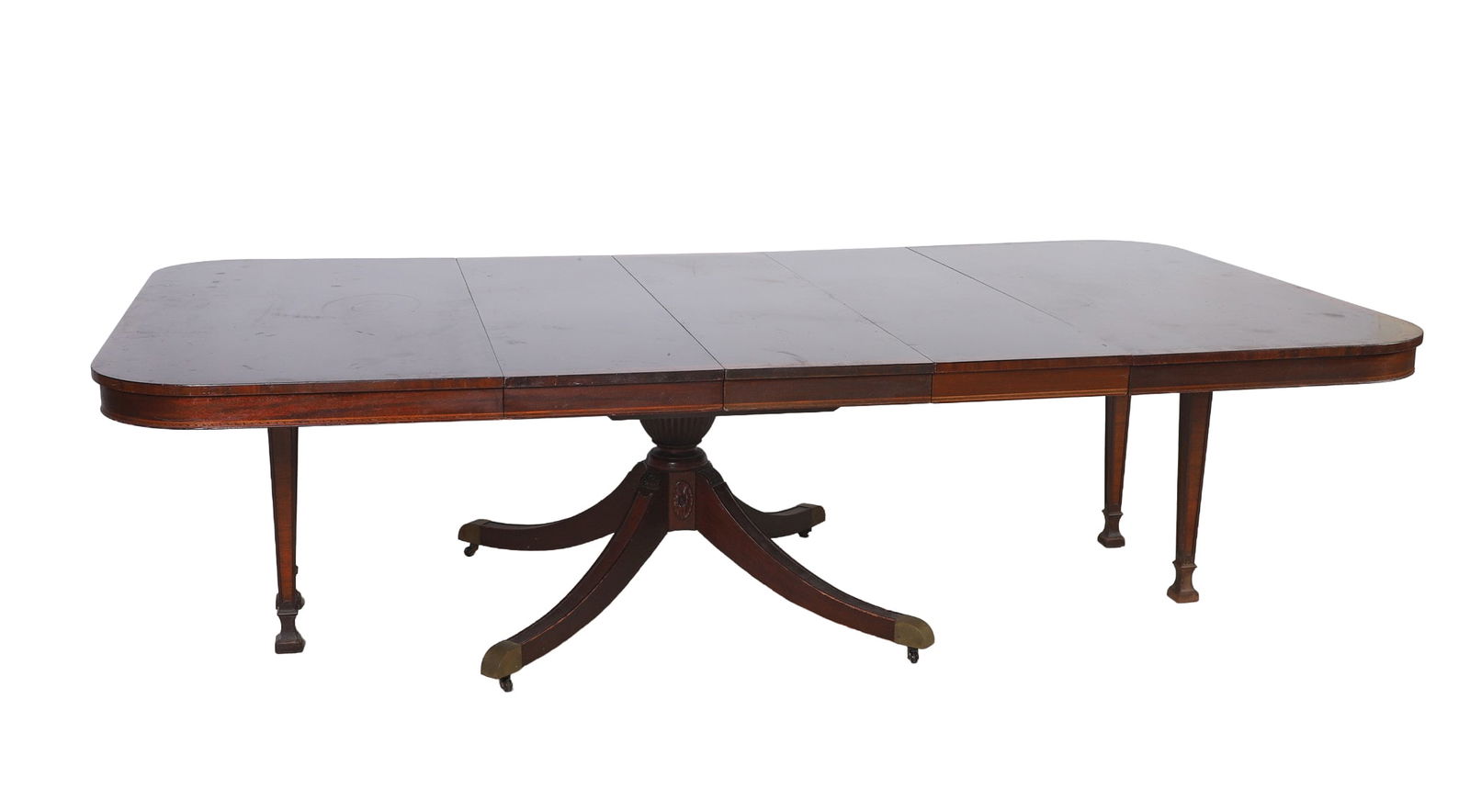 English Regency 19th C mahogany and fruitwood inlaid pedestal base extension top dining table (1 of 9)