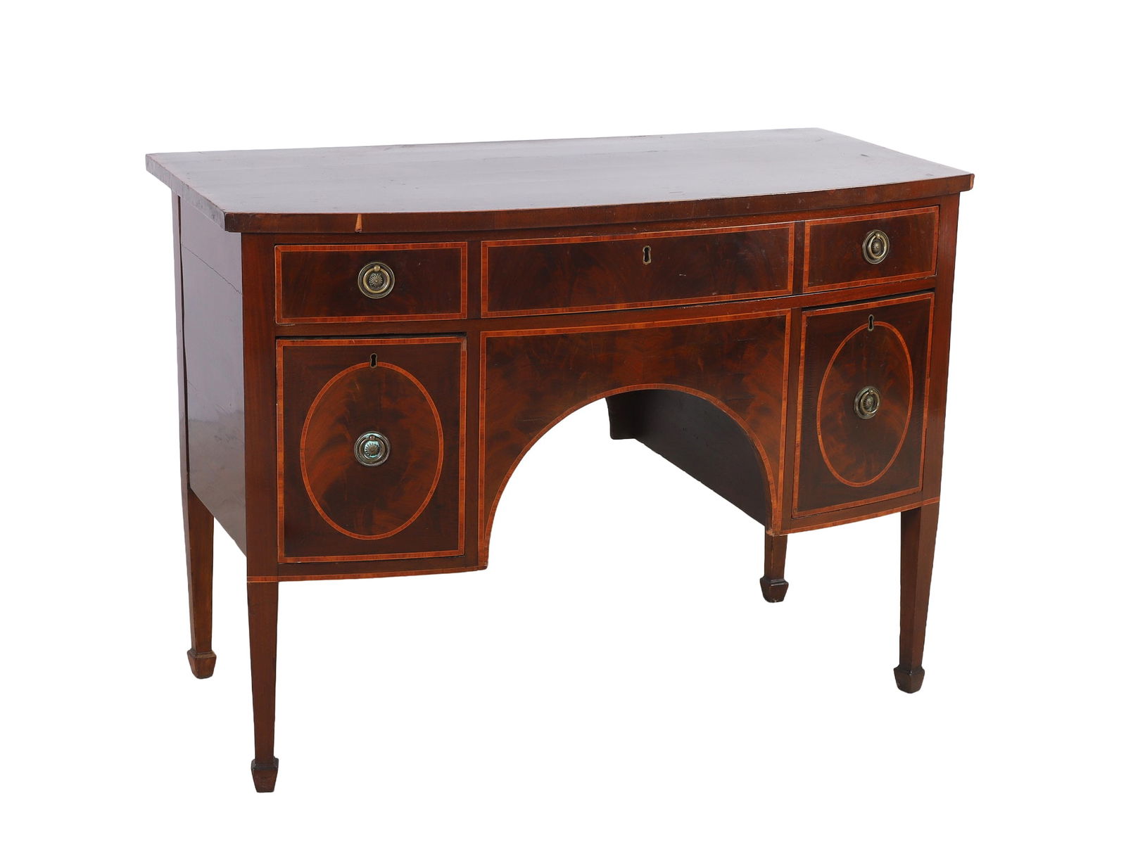 George III Serpentine-Front Sideboard: George III Serpentine-Front Sideboard, inlaid mahogany body on squared and tapered legs with spade feet, 48â€?L x 24-1/2â€?D x 35â€?H, losses to veneer