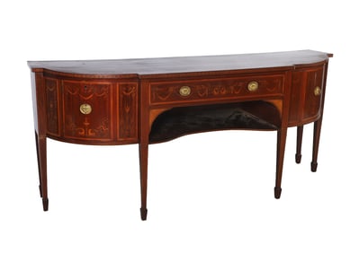 Early 19th C Inlaid and decorated mahogany and satinwood bowfront sideboard