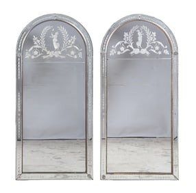 Pair Etched Venetian Style Arched Wall Mirrors