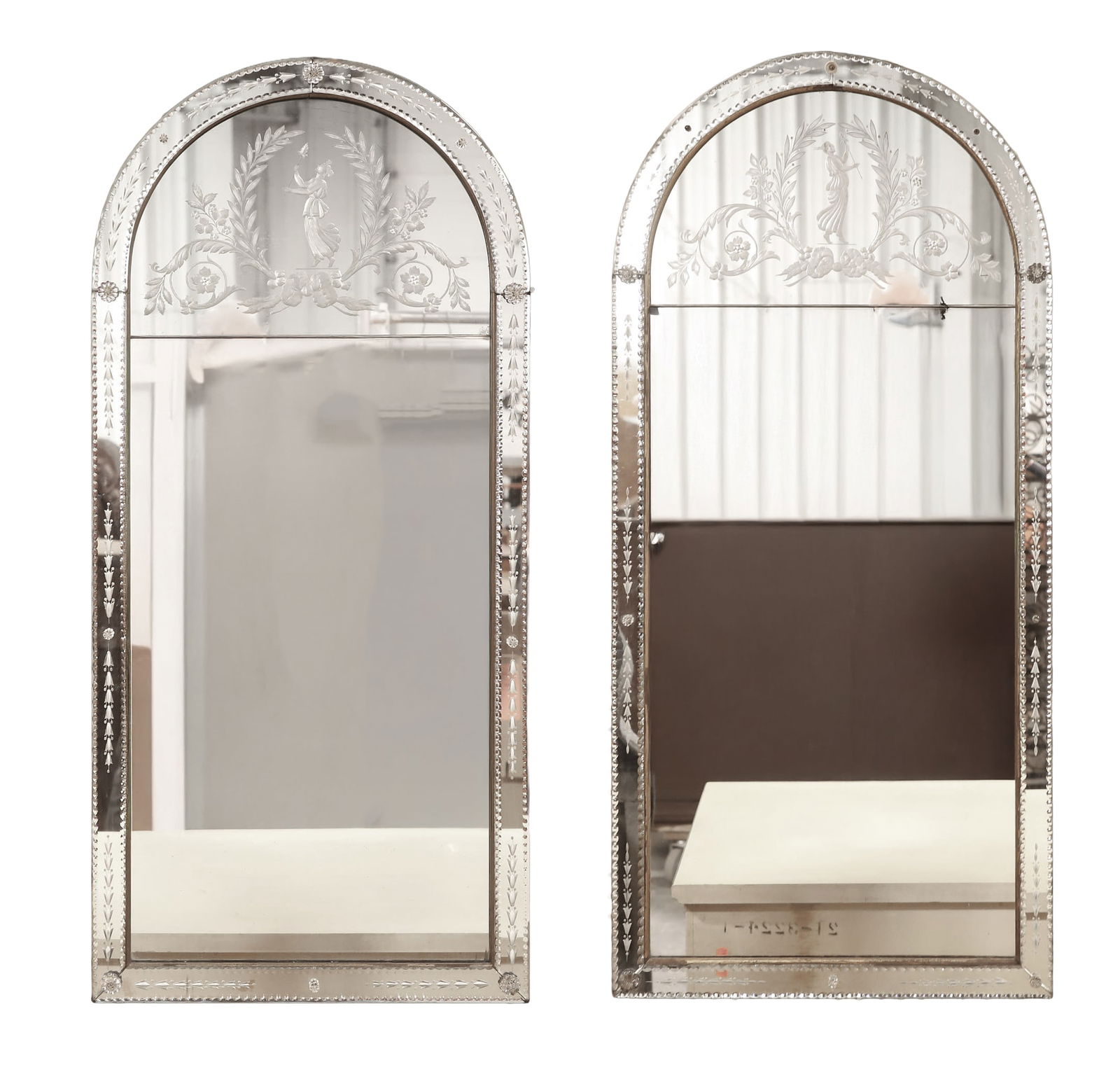 Pair Etched Venetian Style Arched Wall Mirrors (1 of 6)