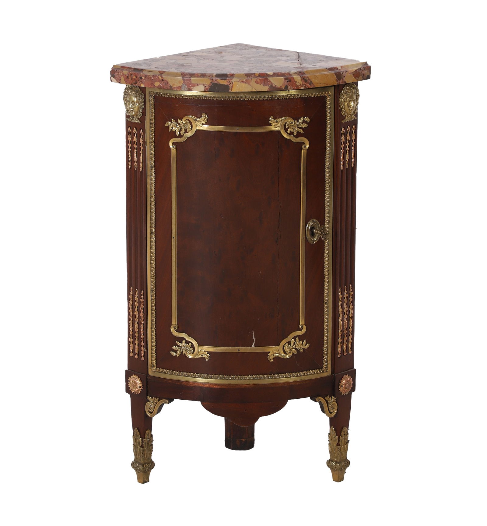 Mahogany Marble Top Louis XVI Encoignure: Mahogany marble top Louis XVI encoignure, finely cast gilt bronze ormolu mounted with marble top, 31”H x 13"D x 18"W, repaired marble, repaired interior shelf splits to door, repaired veneer to