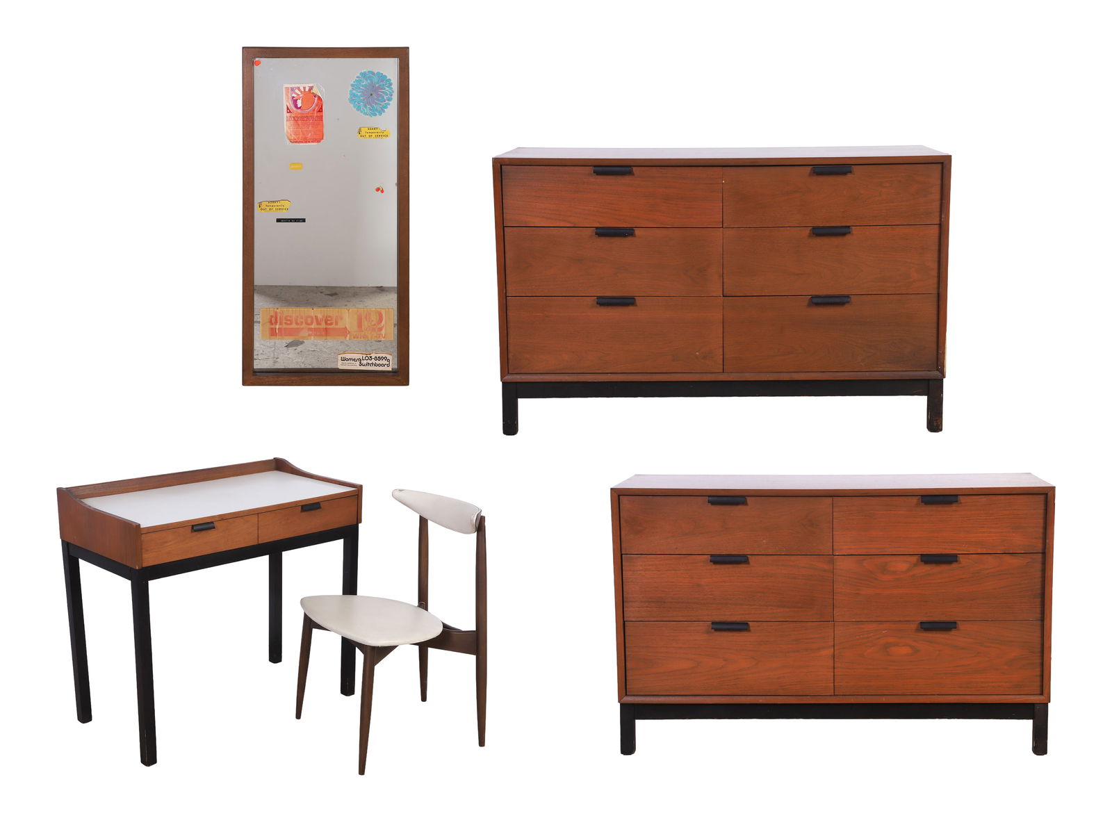 Kroehler MCM Style Modular Group: Kroehler MCM style modular group, two drawer writing desk, white formica, walnut finish, ebonized base and legs, 32"H x 36"W x 19"D, Two, six drawer double dressers, walnut finished case, ebonized bas