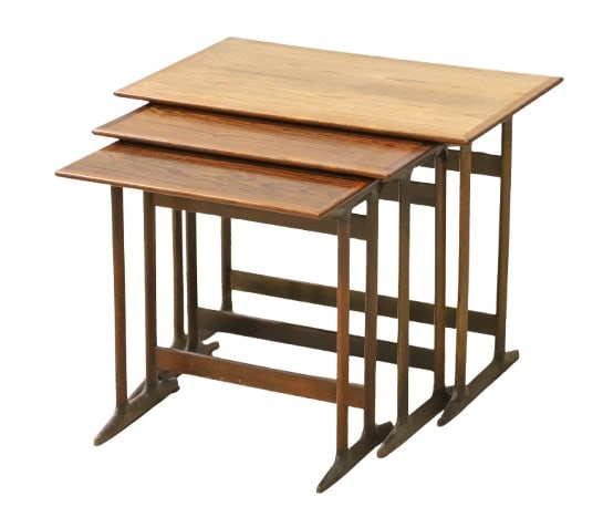 (3) Danish Modern Rosewood Nesting tables: (3) Danish Modern Rosewood Nesting tables, nicely figured legs , stretchers, and bases, top table is sun bleached, largest, 18 1/2"H x 23 1/2"W x 15 1/2"D