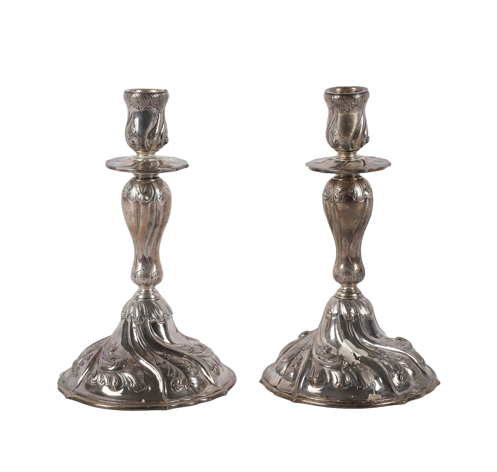 Axel Salomonsen Danish Sterling Candlestick Pair: Axel Salomonsen Danish Sterling Candlestick Pair, shaped foot, gadrooned highlight and bulbous stem, in scrolling repousse leaf decoration, stamped Sterling 925S Ax. S. at underside, 9 1/8"H, 27.11 TO