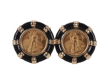 Black Enameled Yellow Gold Coin Centered Earrings
