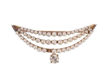 14K Yellow Gold Pearl and Diamond Crescent Brooch