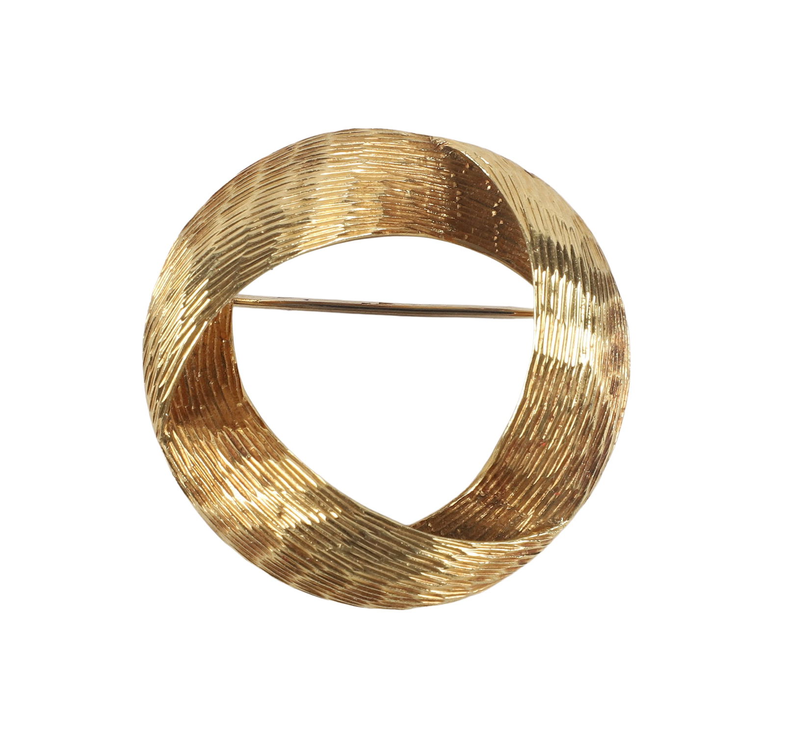 18K Yellow Gold Carl Bucherer Mobius Strip Brooch: 18K Yellow Gold Carl Bucherer Mobius Strip Brooch, in textured highlight, 1 1/2" dia, stamped CB 750 at back, 8.1 DWT
