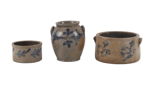 (3) Blue Decorated Stoneware Crocks