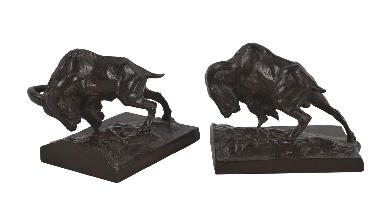 Anna Vaughn Hyatt Huntington Bronze Bookends: Anna Vaughn Hyatt Huntington (1876-1973) Bronze Bookends, mountain goat form bronze bookends on rockwork base, signed in casting Anna V. Hyatt, stamped at side Gorham Co. Founders 0441, 8 1/2"L x 6"D