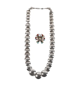 Zuni Inlaid Pin and Navjo Pearl Necklace