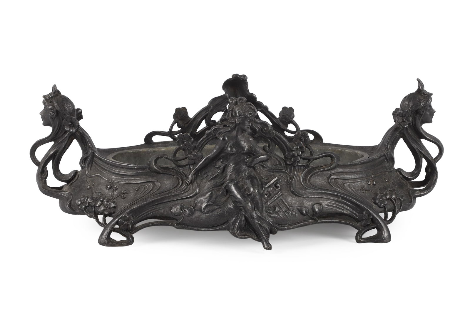 Art Nouveau Figure Decorated Jardiniere: Art Nouveau Figure Decorated Jardiniere, spelter jardiniere with robe draped maiden at either side, in blossoming flower surround, a floral laden long haired maiden head as handle at either end, with 