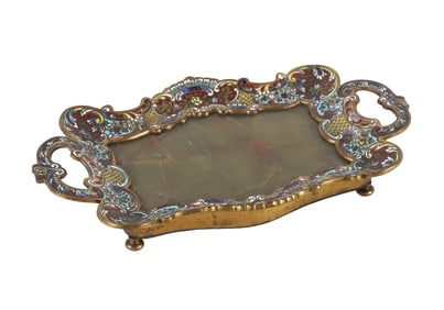 French Champleve Green Onyx Centered Tray