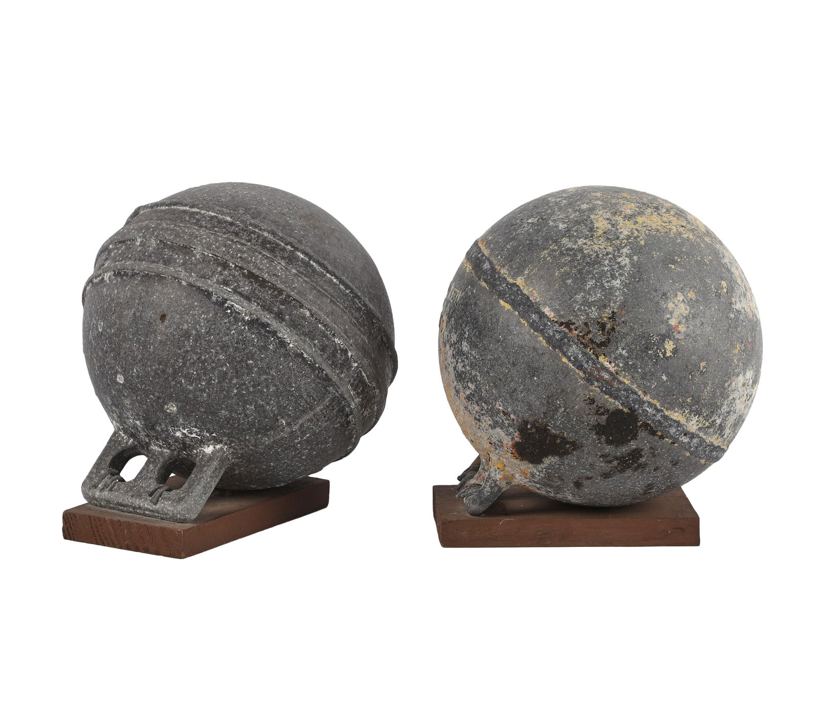 Zinc Fishing Buoys as Bookend Pair: Zinc Fishing Buoys as Bookend Pair, deep sea model, 7 1/2" dia buoy, 8L x 8 1/2" x W x 8 3/4"H