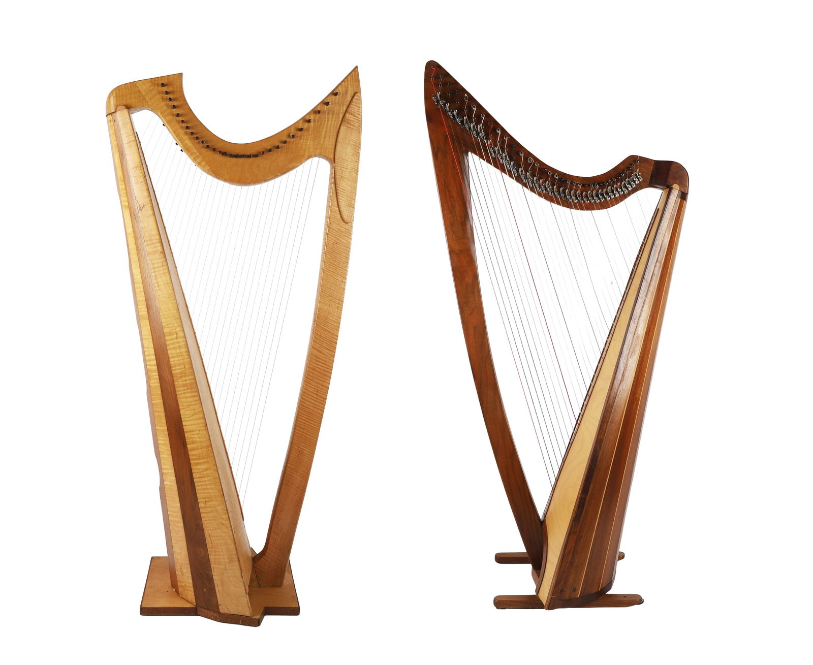 (2) Custom Made Lever Harps: (2) Custom Made Lever Harps to include a 34-string harp with spruce soundboard, walnut column and soundbox, 57 1/4"H x 29 1/2"W, a plaque reading 'Fran' and 'Dave McGaughey' at side, and a 29-string h