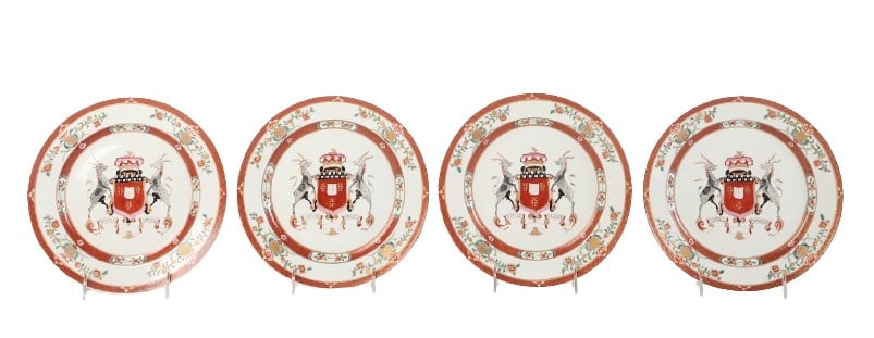 (4) Chinese Export Armorial Plates: (4) Chinese Export Armorial Plates, finely decorated porcelain plates, what appears to be the arms of VERNEY with HEATH, 9" dia