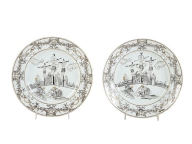 Chinese Export Grisaille and Gilt Porcelain Plates