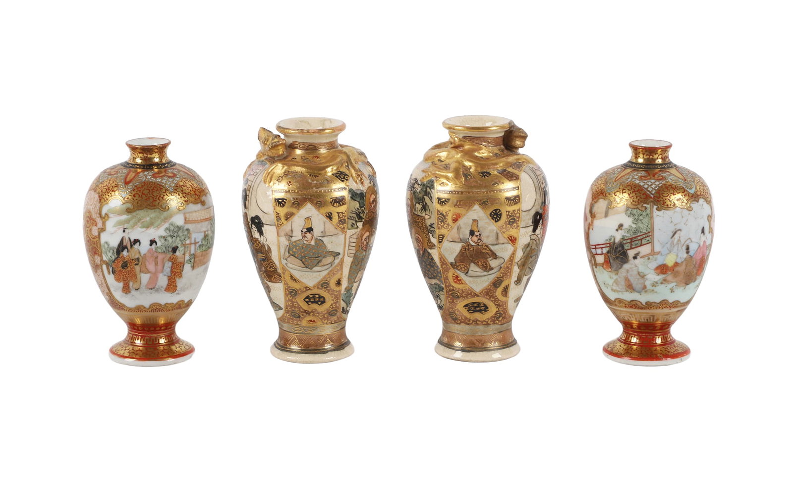 (2) Pairs Kutani & Satsuma Decorated Vases: (2) Pairs Kutani & Satsuma decorated vases, 3 3/8"H kutani vase pair and 3 3/4"H satsuma decorated vases.