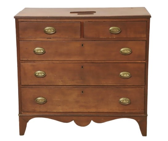 Hepplewhite Style Walnut Bachelor's Chest: Hepplewhite style walnut bachelor's chest, two drawers, over three drawers, bronze backplate escutcheons w/embossed leaf and scroll designs, drop bilas, scalloped apron, stylized Hepplewhite style foo
