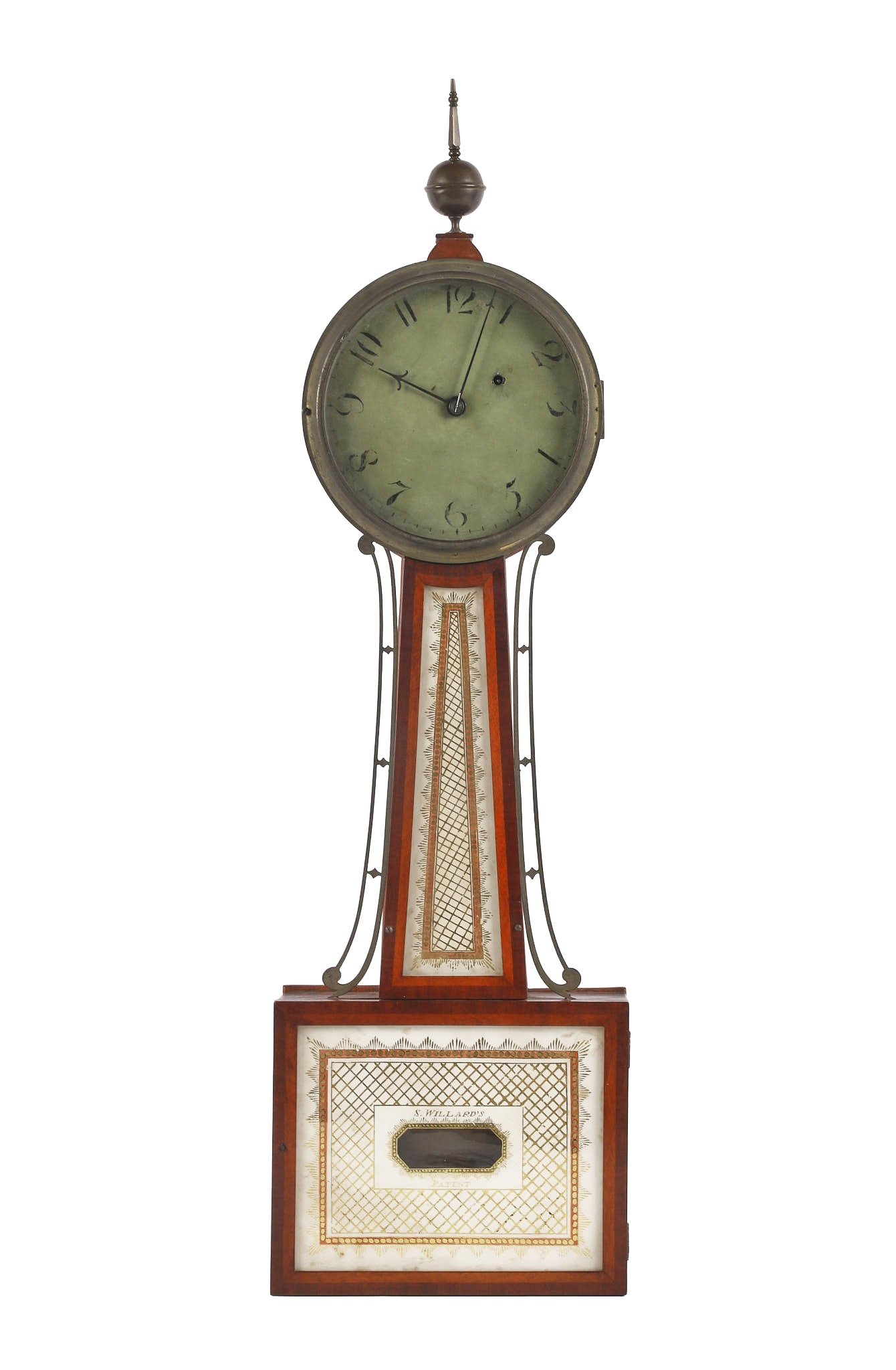 S. Willards Patent Weight Driven Banjo Clock C. 1815: S. Willards Patent Weight Driven Banjo Clock C. 1815, Massachusetts, T bridge suspension timepiece with filister head "through bolts", heavy painted iron dial with delicate barbed steel hands, cross b