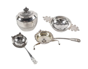 (4) Silver Tea Strainers and Tea Caddy