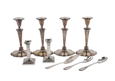 Silverplated Candlesticks and Serving Utensils