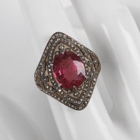 Rubellite and Rose Cut Diamond Ring