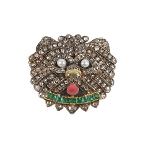 Rose Cut Diamond and Emerald Dog Brooch