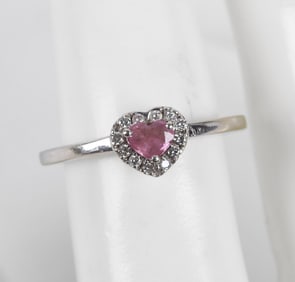 14K White Gold Pink Sapphire & Diamond Heart Ring