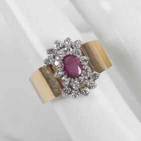 Pink Sapphire, Diamond and Yellow Gold Ring
