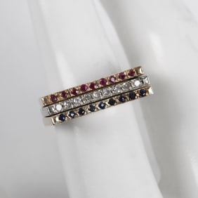 14K Diamond, Sapphire and Ruby Ring Trio