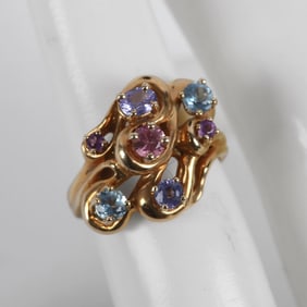 14K Gold Tanzanite, Aquamarine & Amethyst Ring