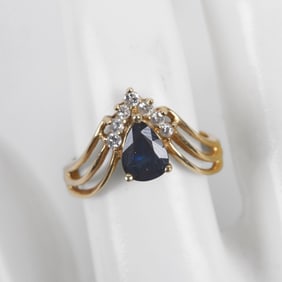 14K Diamond and Pear Shaped Sapphire Ring