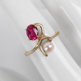 14K Pearl and Pink Ruby Ring