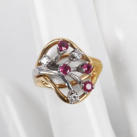 14K Modernist Diamond and Ruby Ring