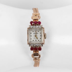 14K Diamond and Ruby Gruen Ladies Bracelet Watch