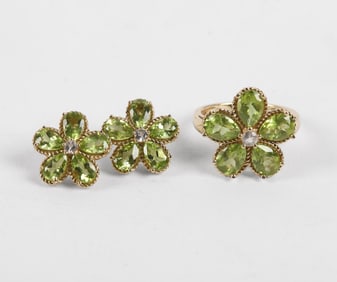 14K Peridot Floral Form Ring and Earrings
