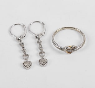 14K White Gold Heart Drop Earrings and Ring
