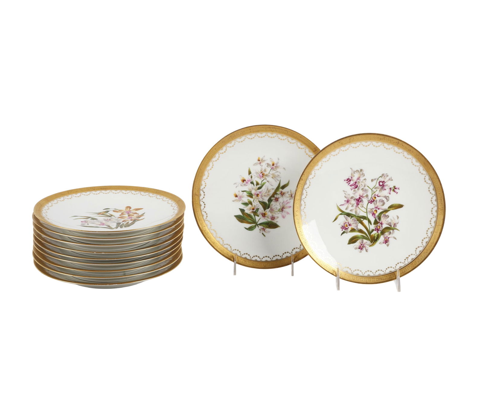 (11) Hand Painted Floral Centered Limoges Plates: (11) Hand Painted Floral Centered Limoges Plates, each plate in original hand painted floral example, the name of which inscribed at back of plate, in gilt swag and trim surround, signed TV Limoges an