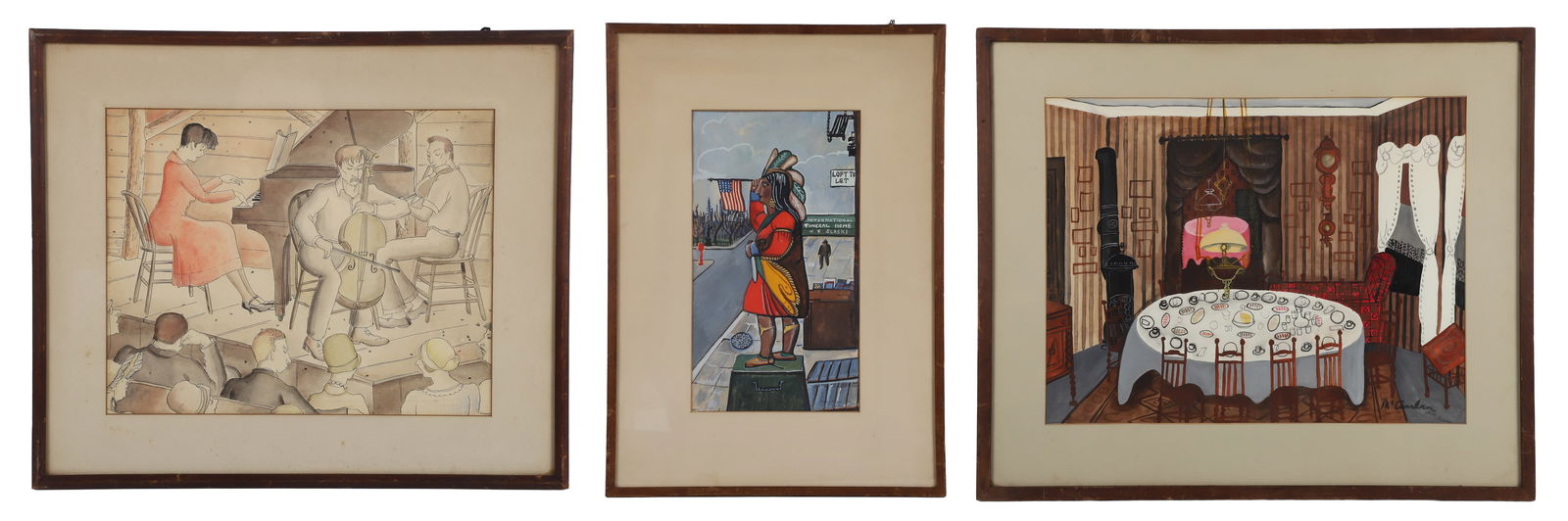 (3) American Modernist Paintings: (3) American Modernist Paintings, "Cigar Store Indian", gouache on paper, signed Susan Frazier '32, 15 3/4" x 8 3/4" sight; "Open Air Concert", ink and watercolor, signed (Lauretta) Sondag, 10 1/2" x