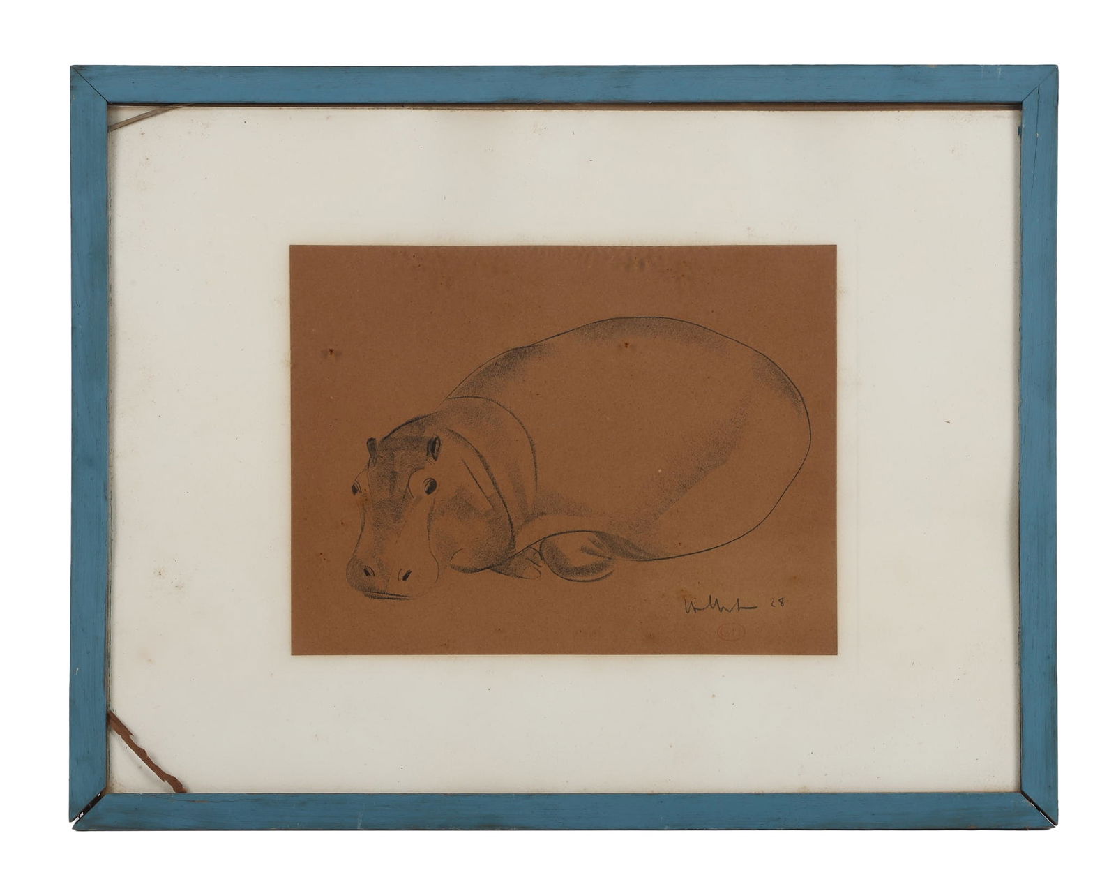 Georges Hilbert Drawing of a Hippo: Georges Hilbert (French, 1900-1982) Drawing of a hippo, depicting a resting hippopotamus, black pencil on paper, signed G. Hilbert, red stamp G in an oval, 8 /3/4" x 11 3/4" sheet, good condition, dra